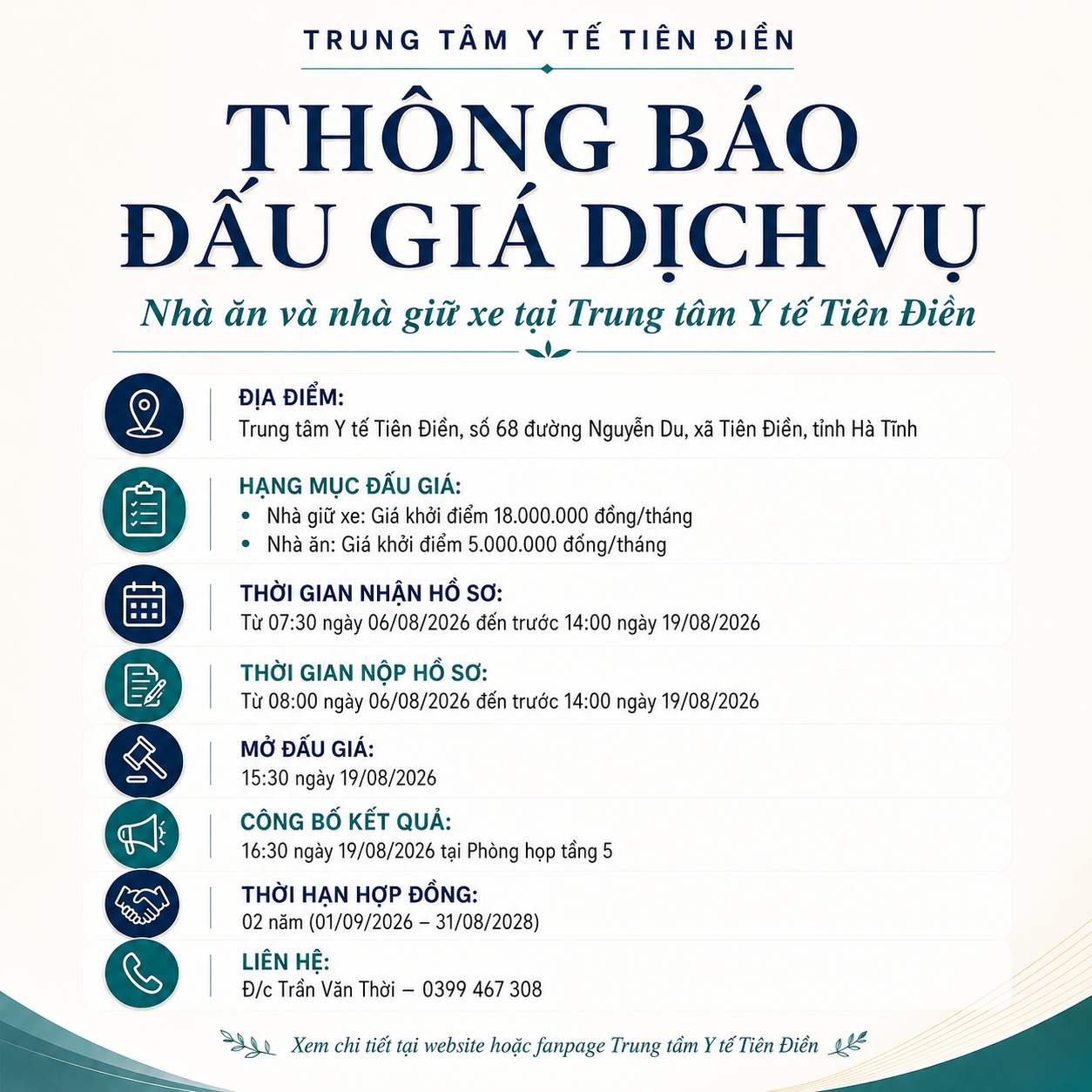 Thông báo tổ chức đấu giá dịch vụ căng tin, nhà ăn và nhà giữ xe tại Trung tâm Y tế Tiên Điền